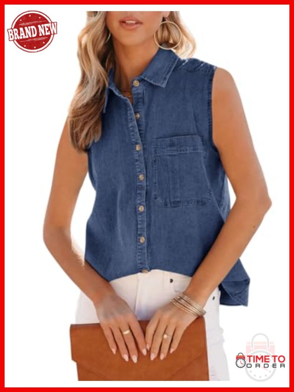 Women's Denim Tank Top V Neck Button Down Collared Sleeveless Blouse